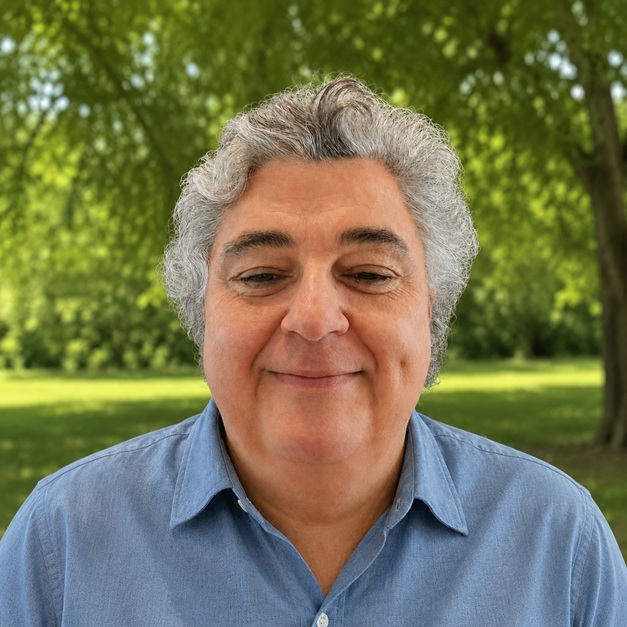 Smiling person with silver-grey curly hair wearing a light blue shirt, photographed outdoors against a softly blurred green park background.